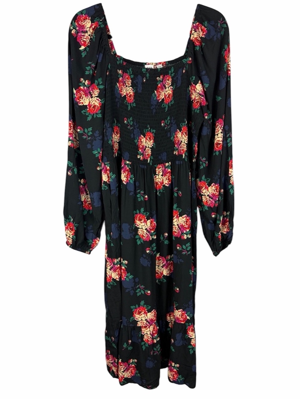 GAP Black Floral Smocked Square Neck Midi Dress Large